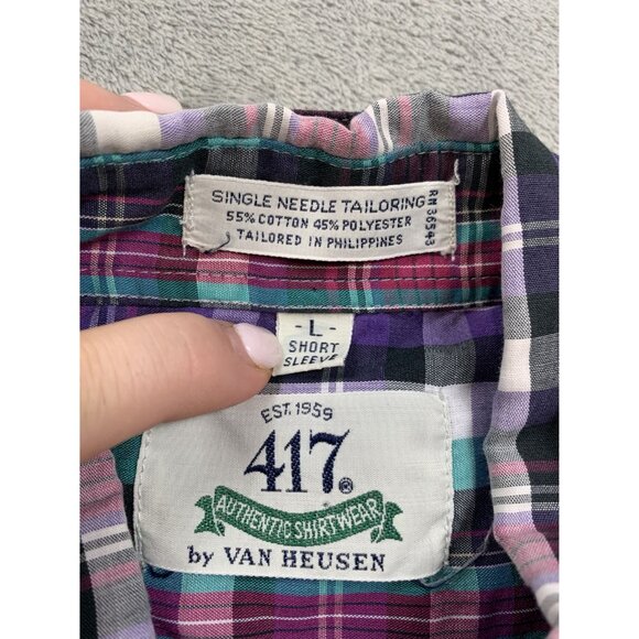 Van Heusen 417 Men's Large Purple/Green Plaid Shirt Single Needle Tailoring - Picture 3 of 7